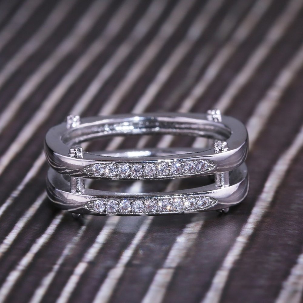 ▶Square Glitter Zircon Double Layer Silver Plated Ring for Men, L187 - Picture 5 of 6